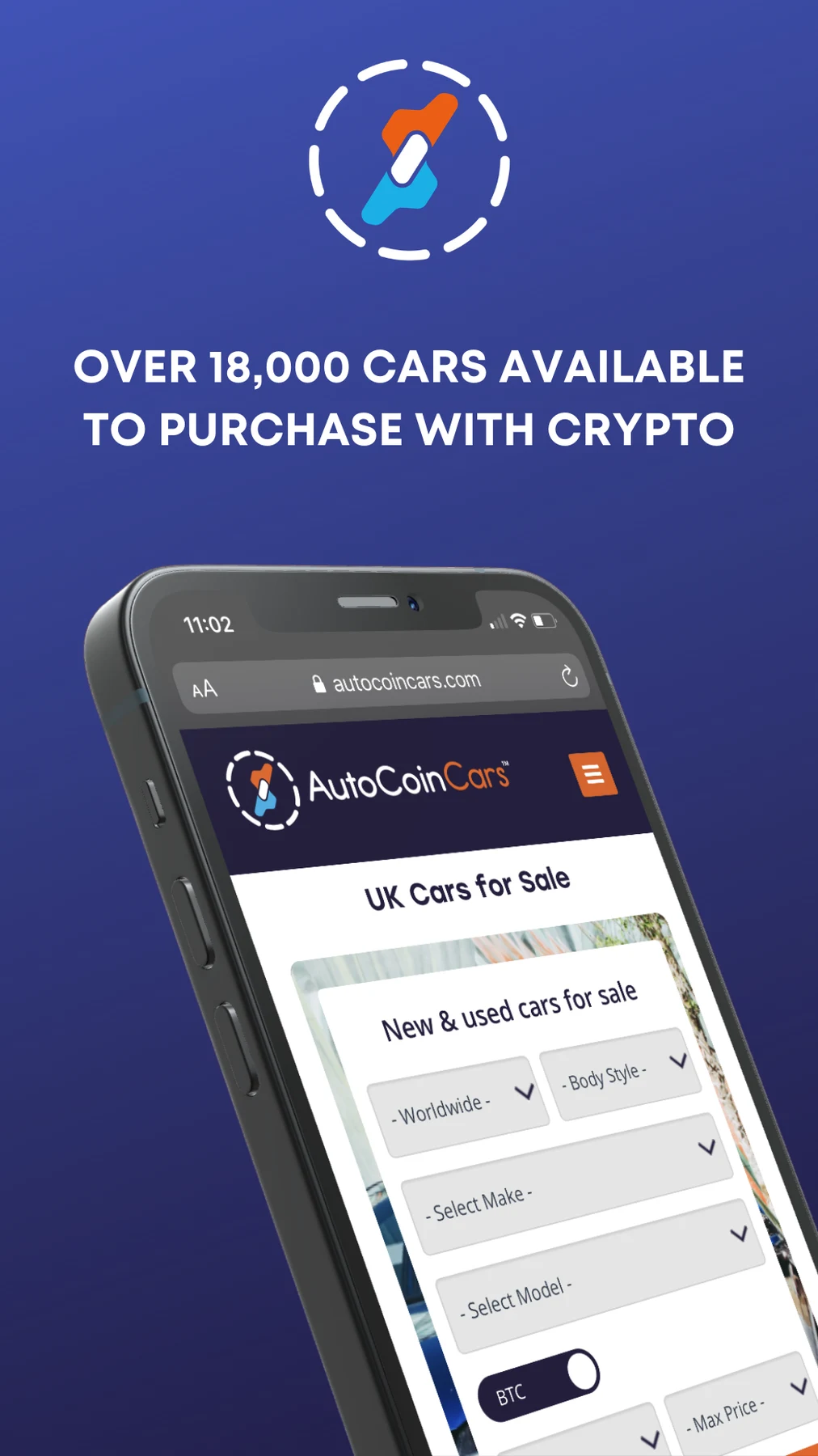 AutoCoinCars story ad on a deep blue gradient: over 18,000 cars available to purchase with crypto, above a phone showing the car search