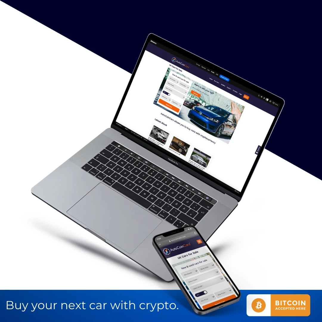 Laptop and phone mock up of the AutoCoinCars website with the line buy your next car with crypto and a Bitcoin accepted here badge