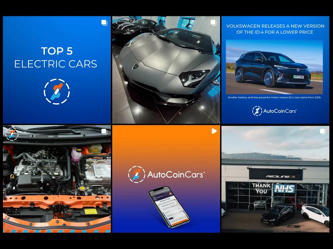 AutoCoinCars Instagram grid of car news, supercars and logo posts
