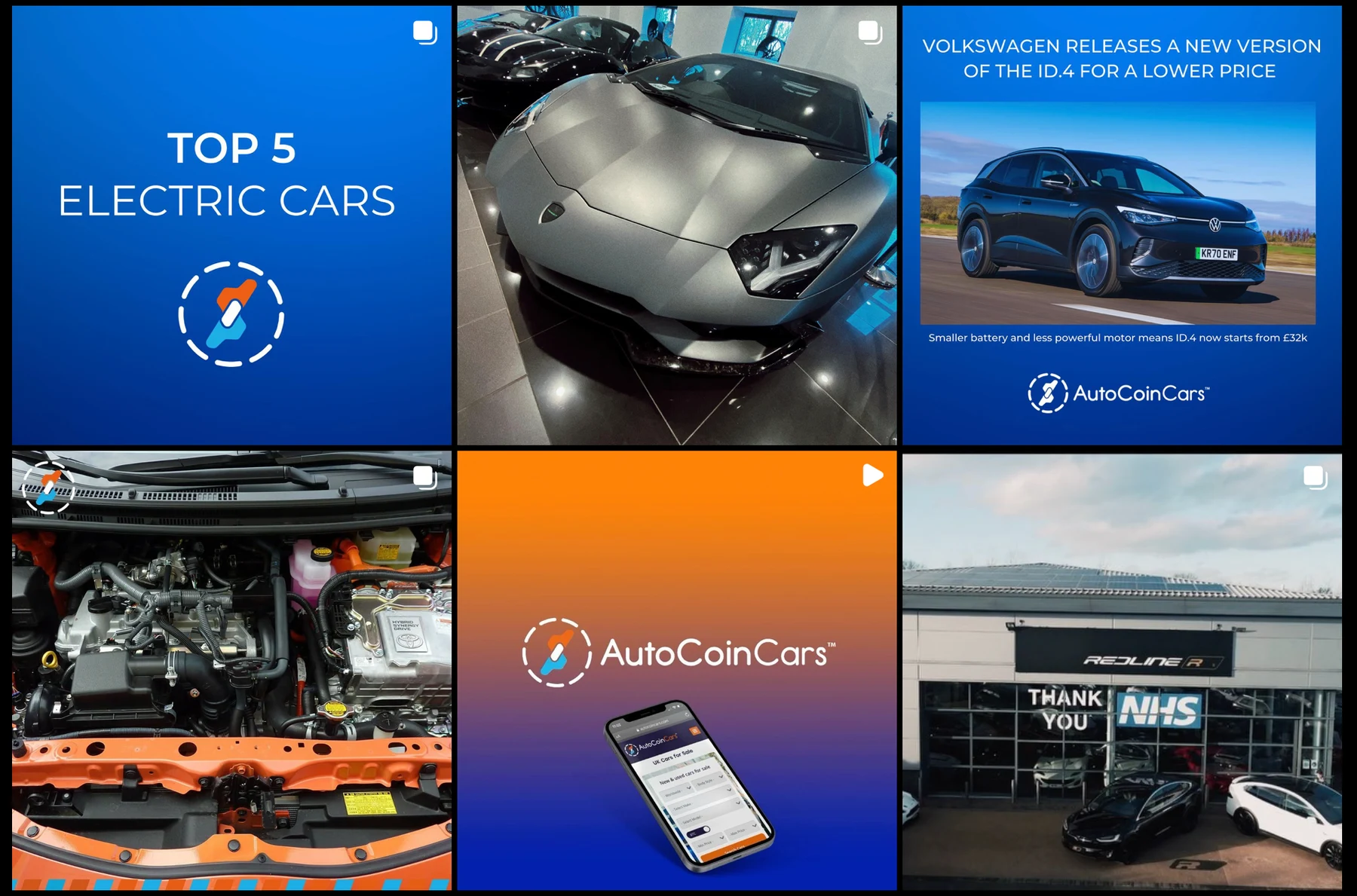 Six AutoCoinCars Instagram posts: top 5 electric cars, a matte grey supercar, VW ID.4 news, an engine bay, a logo reel and a partner dealership shot from the air