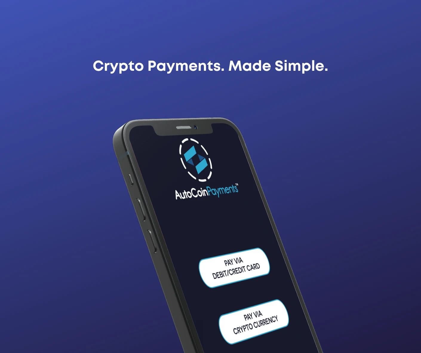 AutoCoinPayments phone mock up offering pay via debit or credit card or pay via cryptocurrency, under the line crypto payments made simple