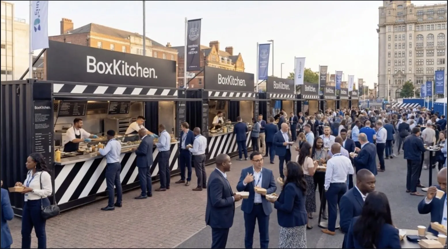 CGI concept render of a row of BoxKitchen units serving a busy corporate street food event on a city waterfront