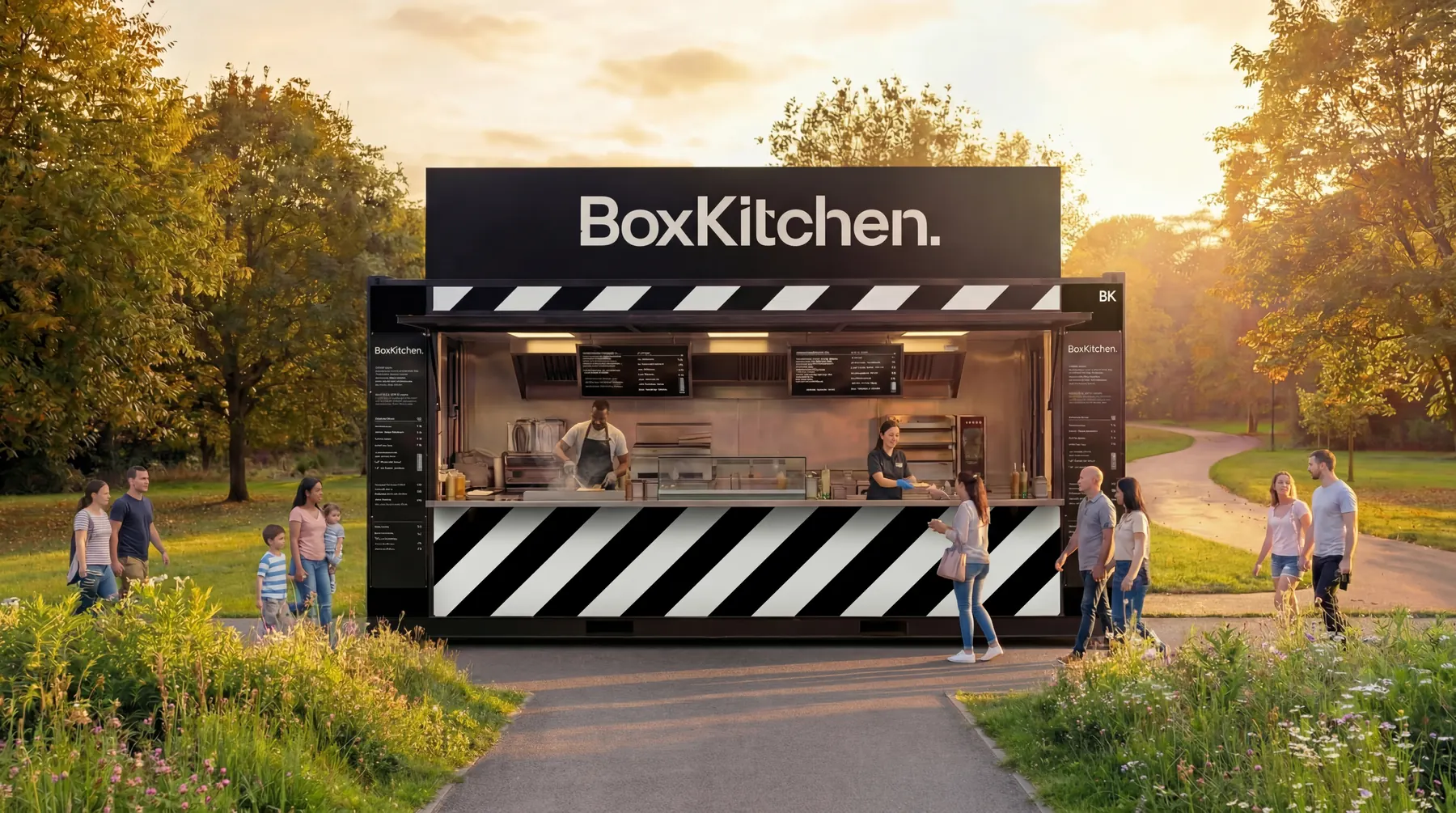 CGI concept render of a BoxKitchen street food unit with a striped fascia in a sunlit park