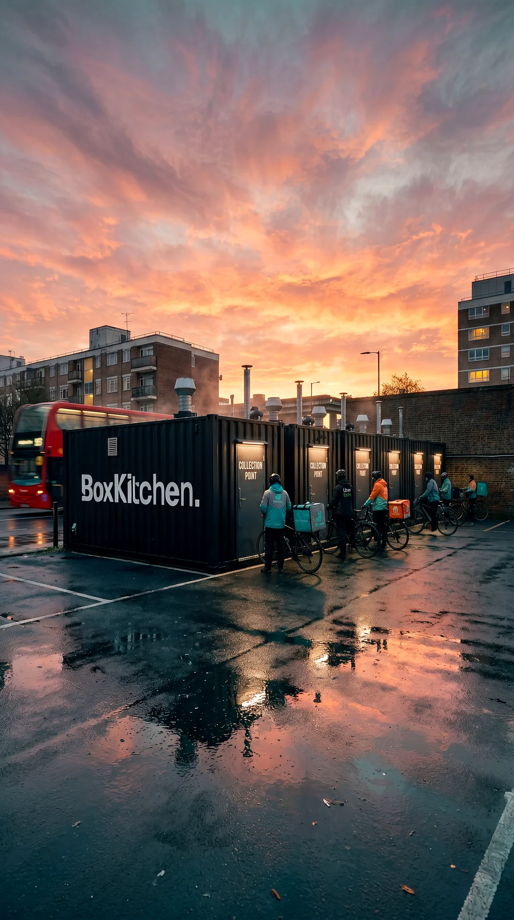 A row of black BoxKitchen dark kitchen units on a wet car park under a pink and orange sunset