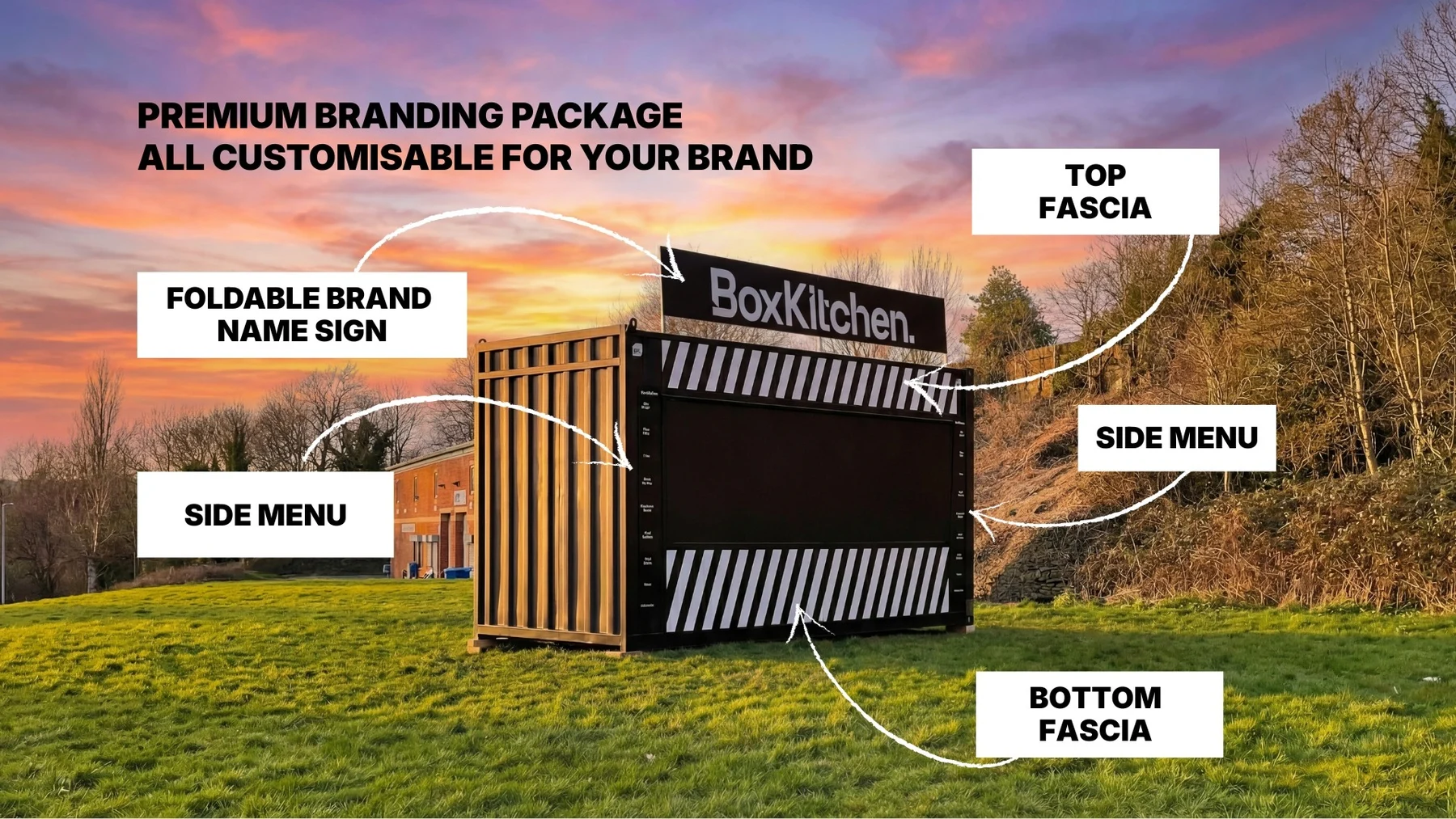 BoxKitchen premium branding package graphic labelling the foldable brand name sign, top fascia, side menus and bottom fascia on a unit