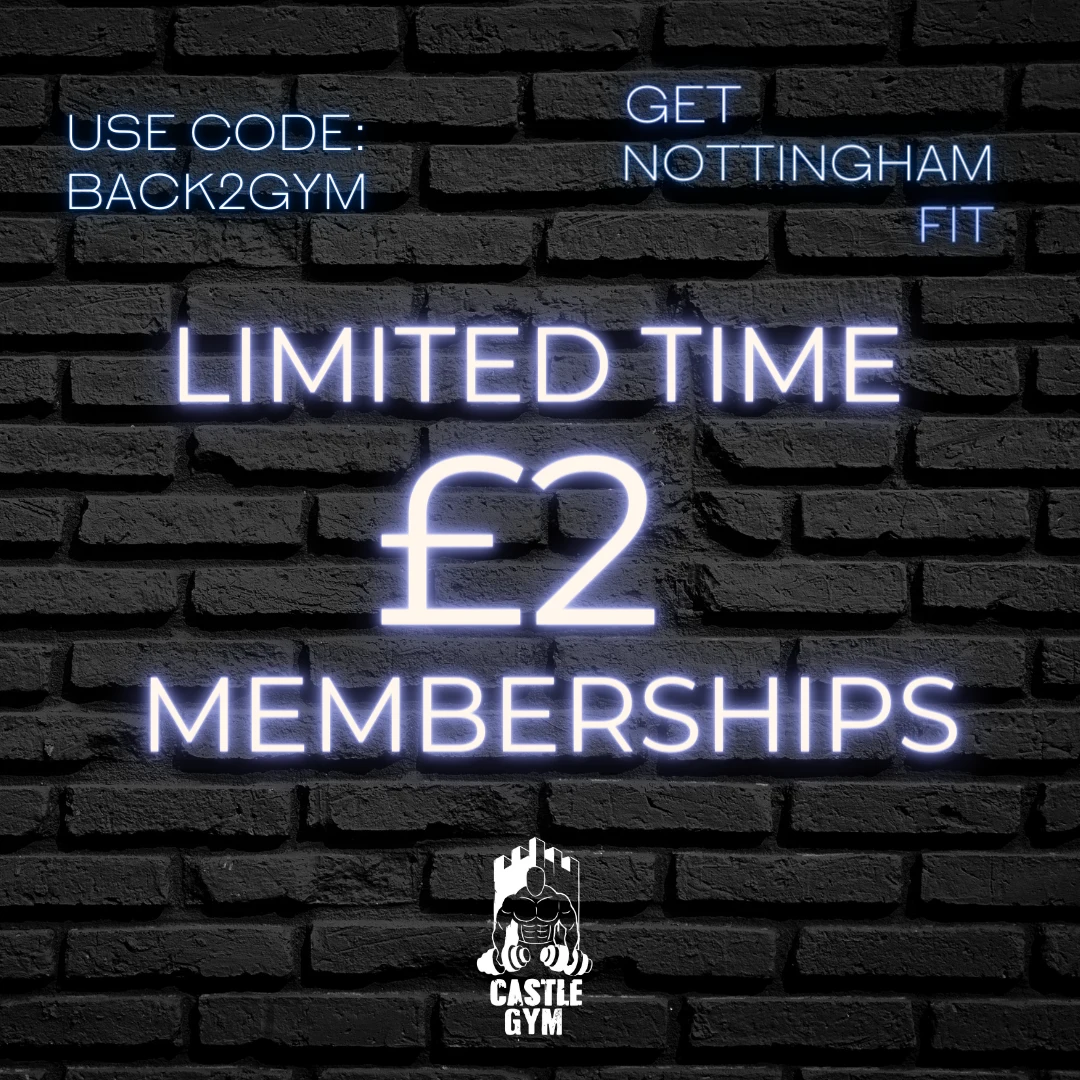 Castle Gym social ad in glowing neon lettering on a black brick wall: limited time two pound memberships, use code BACK2GYM, get Nottingham fit