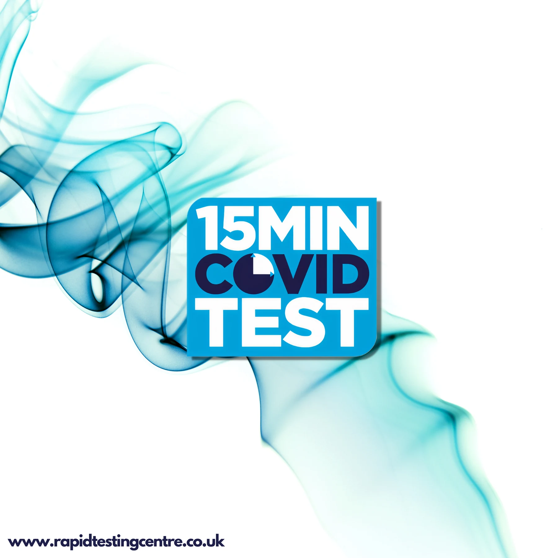 The 15 Min Covid Test logo on a white background with swirling teal smoke