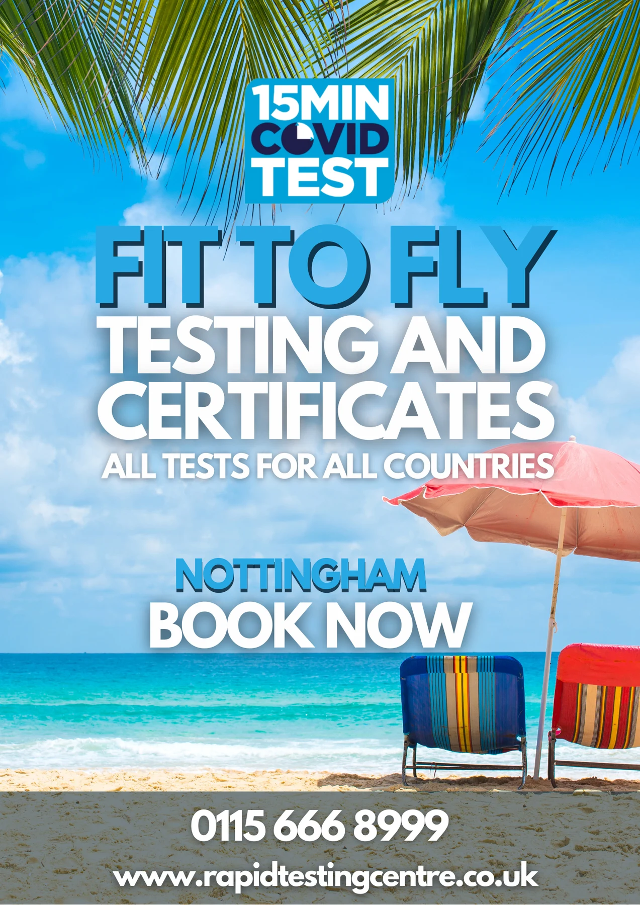 Leaflet with palm leaves, deckchairs and a parasol on a beach: fit to fly testing and certificates for all countries, Nottingham, book now