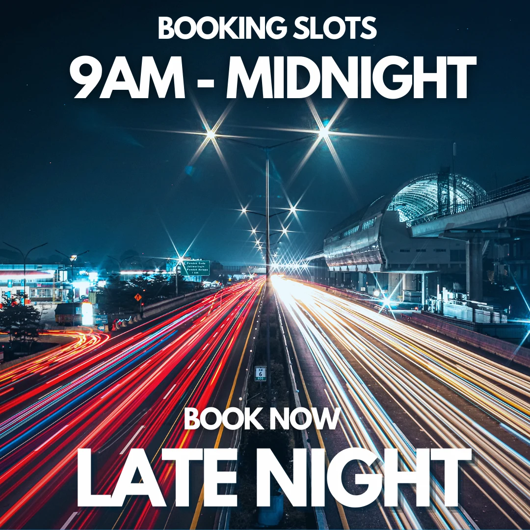 Square social ad with light trails on a motorway at night: booking slots 9am to midnight, book now, late night