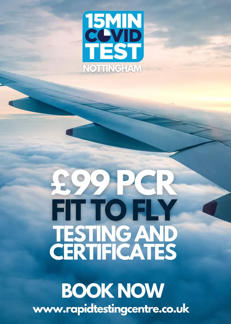 Poster: 99 pound PCR fit to fly testing and certificates, Nottingham