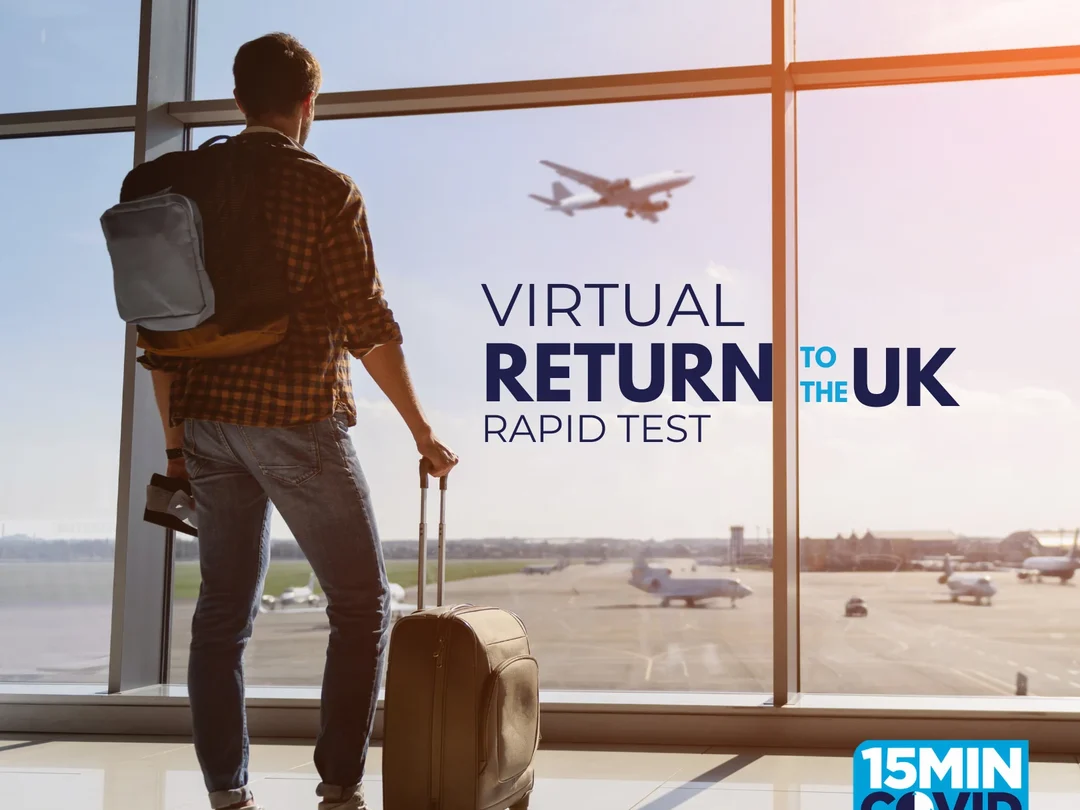 Covid test centre social ad: a traveller watching a plane take off, virtual return to the UK rapid test