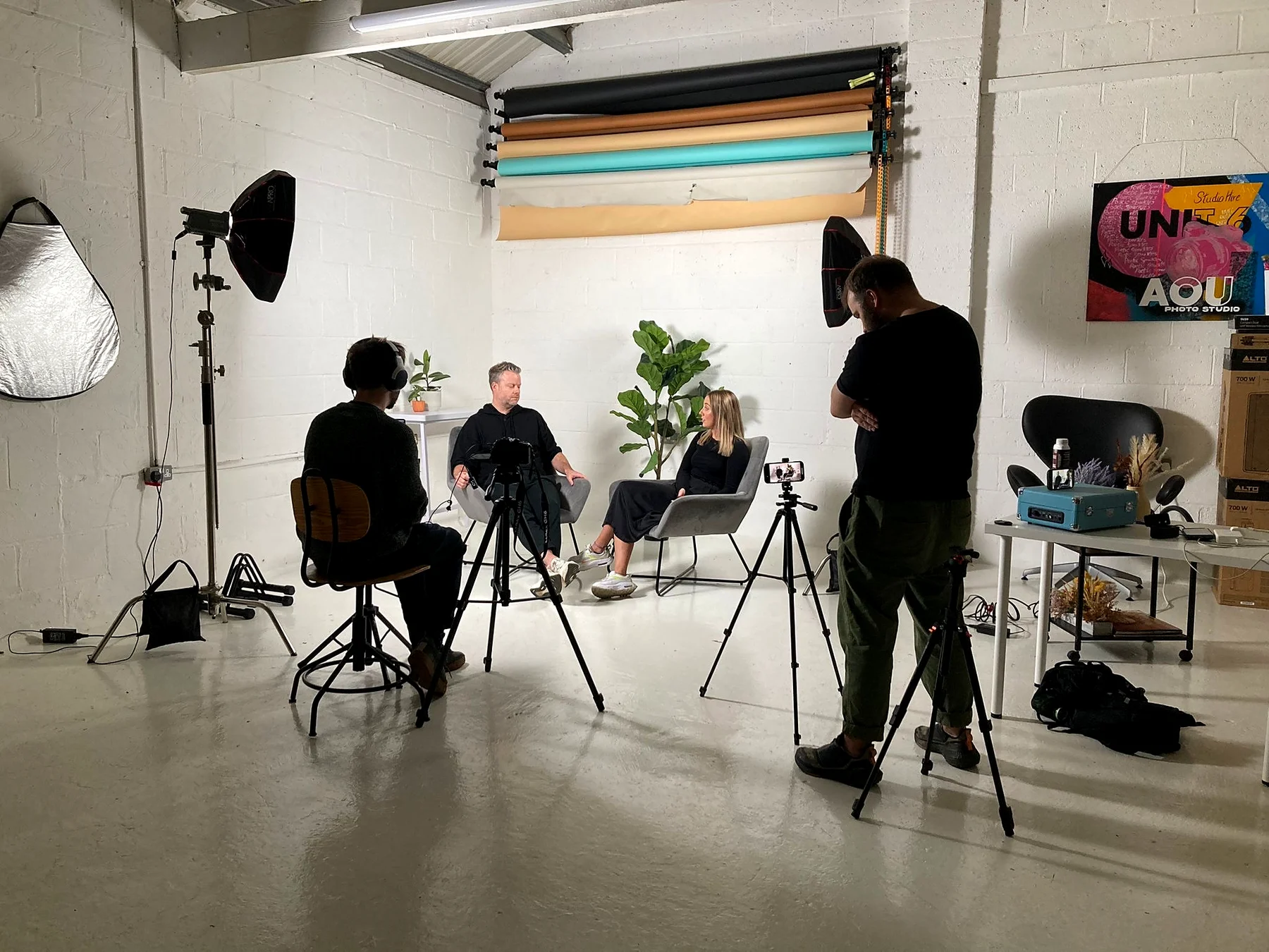 Wide behind the scenes view of the Project Inc interview: two cameras, softboxes and the interview set in a white studio