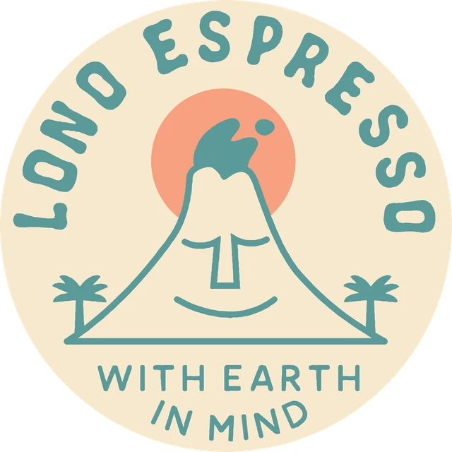 Lono Espresso logo: a smiling volcano in front of a coral sun between two palm trees, with the line With earth in mind