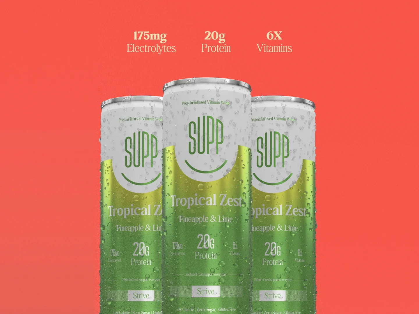 Supp social post: three Tropical Zest cans on a bold red background with 175mg electrolytes, 20g protein and 6x vitamins