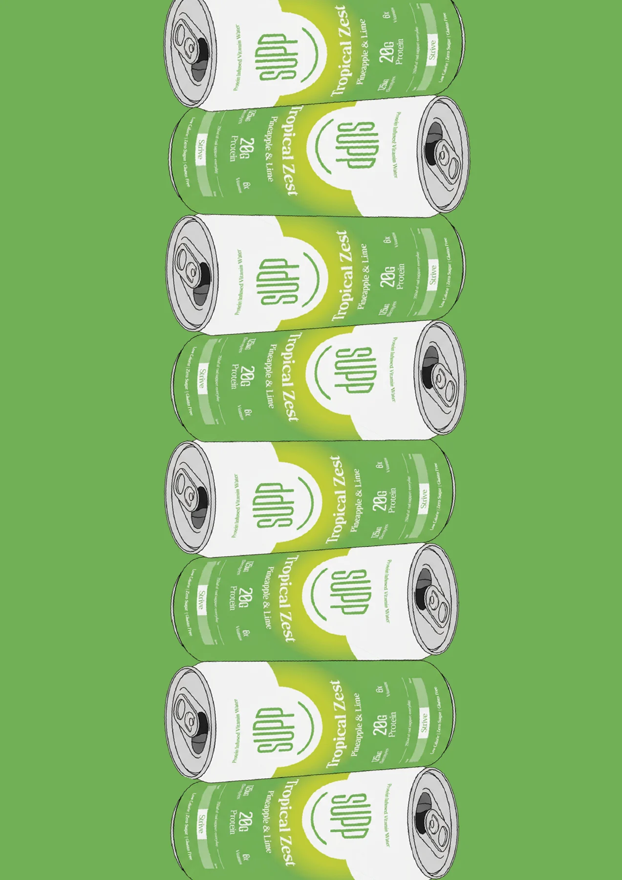 A tall stack of illustrated Supp cans on a bright green background