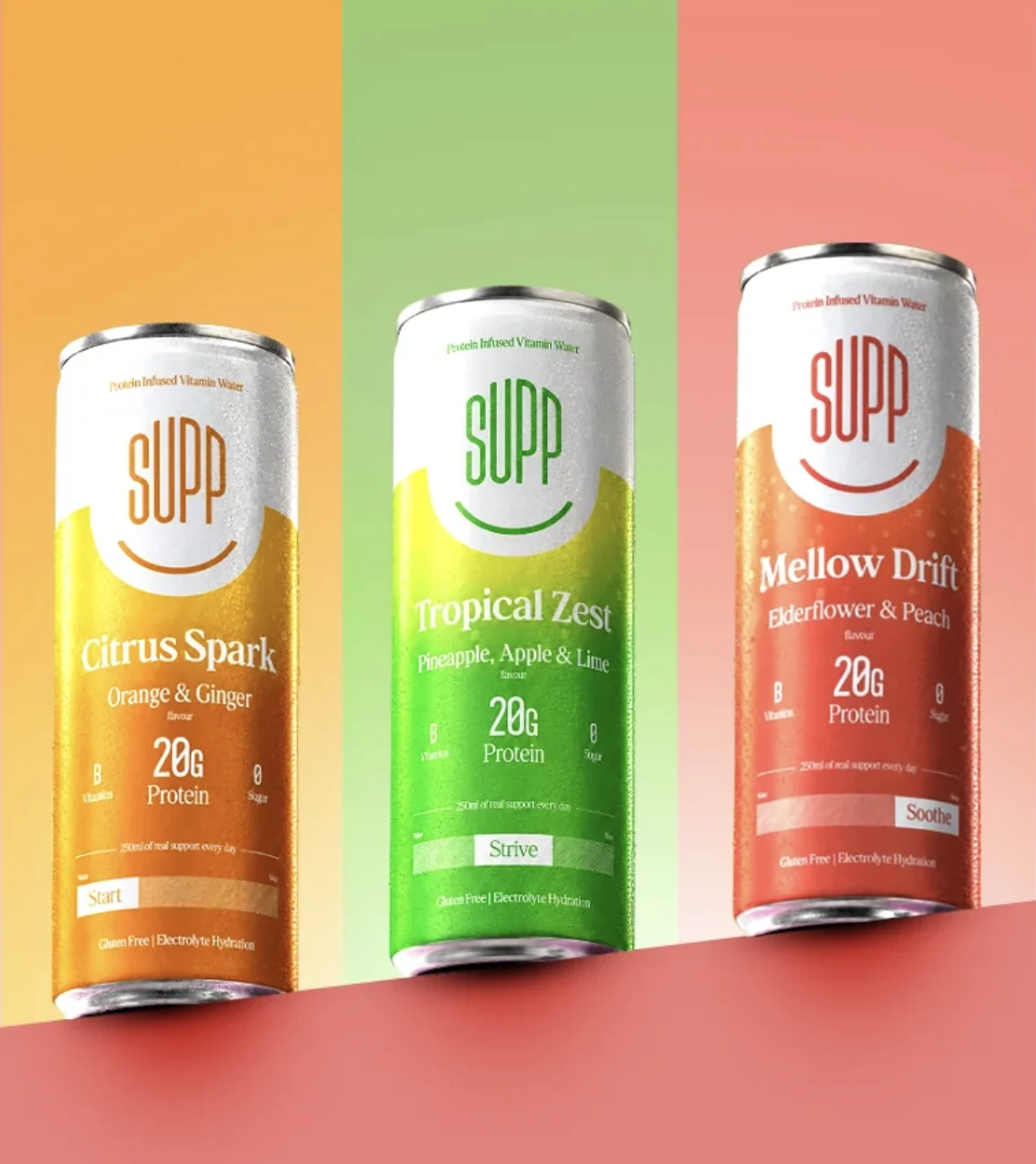 Three Supp cans, Citrus Spark, Tropical Zest and Mellow Drift, against orange, green and coral stripes