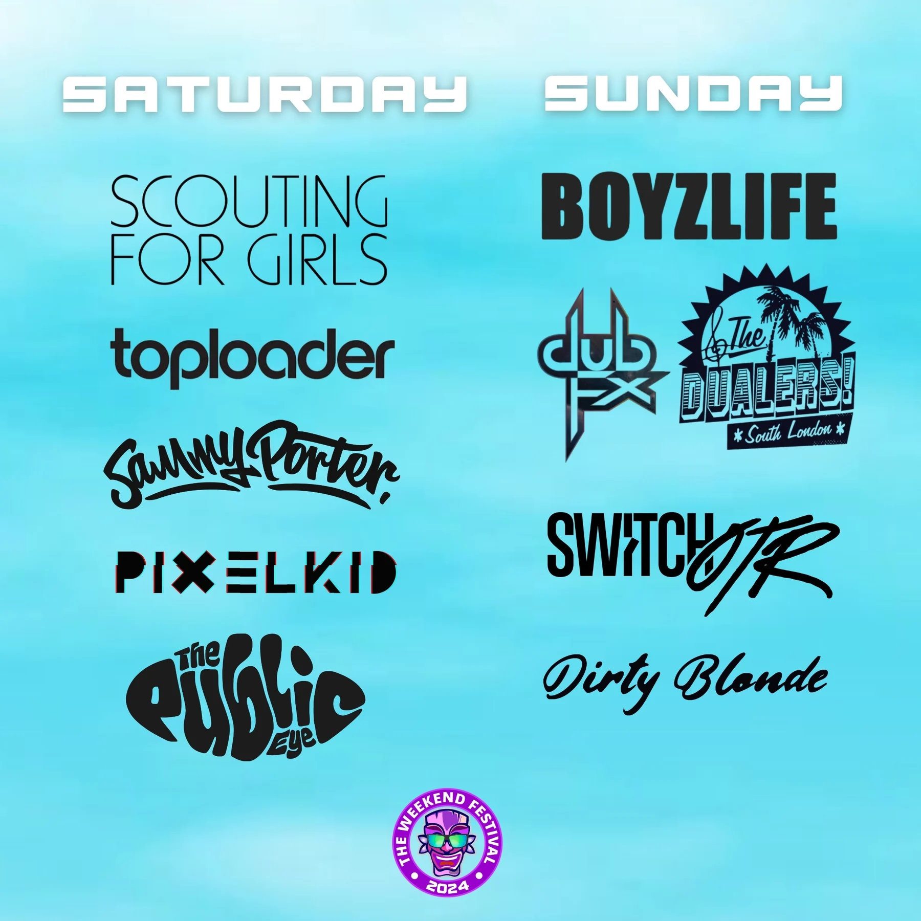 The Weekend Festival 2024 two day line-up poster with Scouting for Girls, Toploader, Boyzlife, The Dualers and more